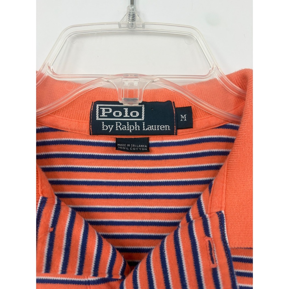 Polo Ralph Lauren Mens Medium Orange Navy Striped Short Sleeve Polo Shirt Cotton - Picture 3 of 6